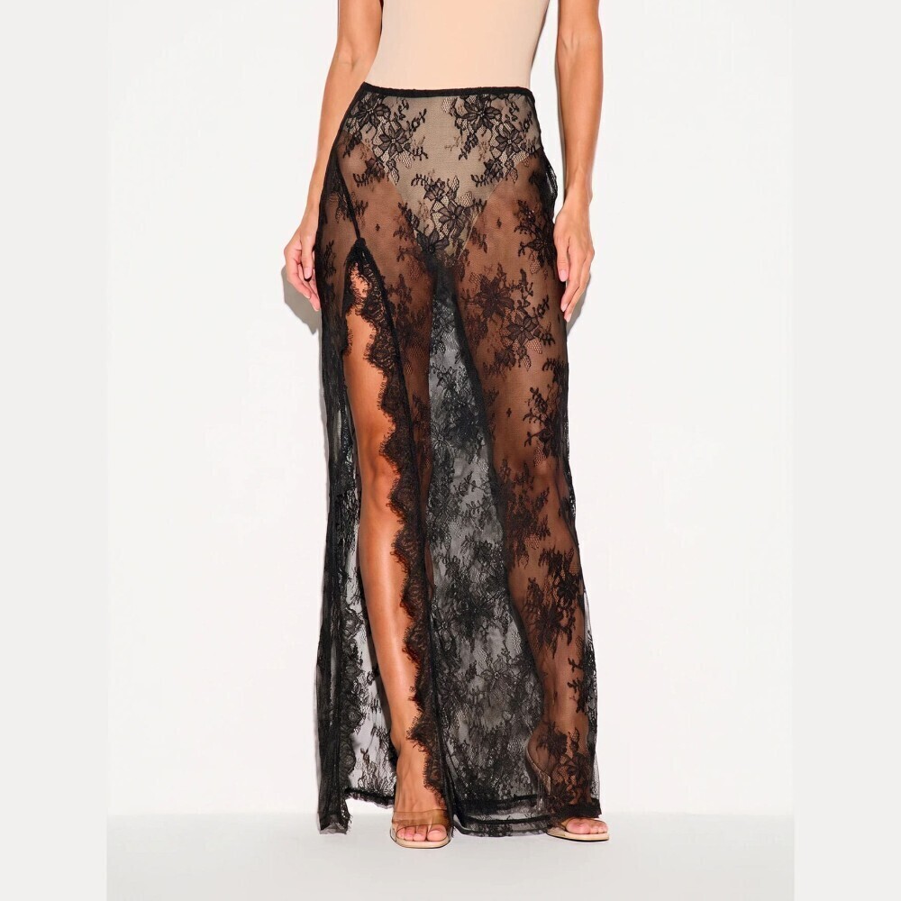 Black Sheer Floral Lace Cover up Front Slit Maxi Skirt